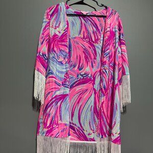 Lilly Pulitzer Noelle Silk Kimono Coverup Magenta Oh My Guava Fringe XXS/XS NWT